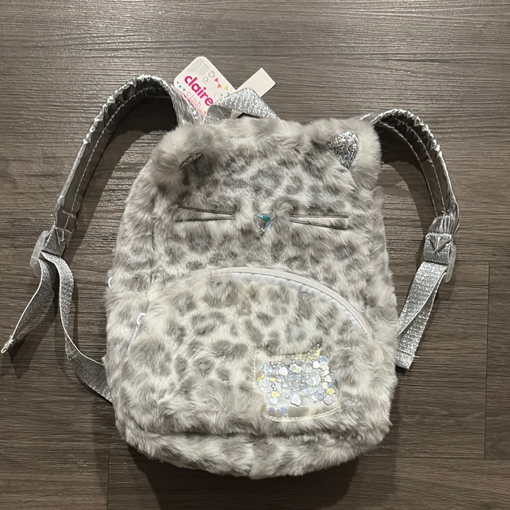 Claire's Gray Fuzzy Leopard Print Backpack